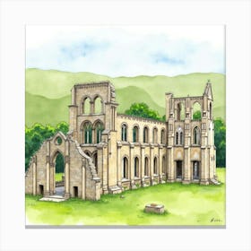 Watercolor Painting Of The Rievaulx Abbey, Highlighting Its Picturesque Ruins And Surrounding Landscape Canvas Print