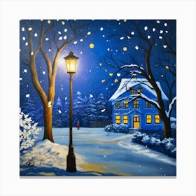 Magical Winter Night Painting Snowfall And Warm Glow Canvas Print