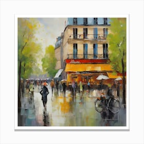 Paris In The Rain Paris city, pedestrians, cafes, oil paints, spring colors. Canvas Print