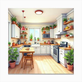 Cozy Kitchen Watercolor Scene, Bright And Welcoming Hues 1 Canvas Print