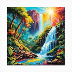 Sunlight Illuminating The Waterfall In Paradise Canvas Print