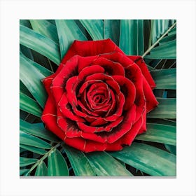 Red Rose On Green Leaves Canvas Print