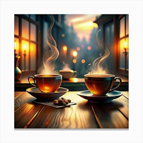 Two Cups Of Coffee On A Wooden Table Canvas Print