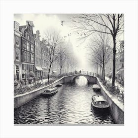 A Serene Amsterdam Canal Scene Captured In A Realistic Pen And Ink Drawing, Style Realism Canvas Print