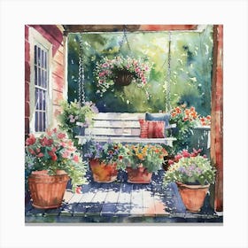 The Porch at The Farmhouse | Swing and Potted Plants Watercolor Painting | Idyllic Country Living Home Sweet Home Americana Canvas Print