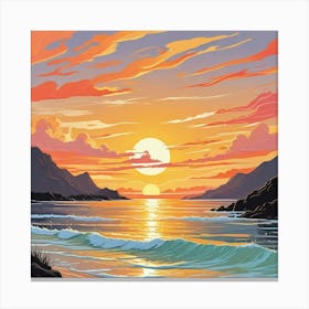 A Painting Of A Sunset With Seagulls Flying Above The Ocean (4) Canvas Print