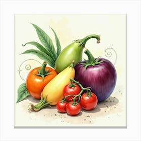 Sophisticated Watercolor Rendering Of Vegetables And Fruits With An Elegant Backdrop 1 Canvas Print