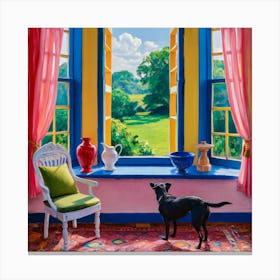 Open Window Matisse Inspired With A Grey Dog 2 Canvas Print