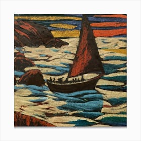 Oil painting of a boat in a body of water, woodcut, inspired by Gustav Baumann 9 Canvas Print