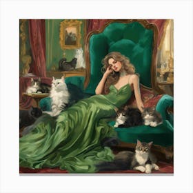 Decadent Young Woman After The Dance With Cats Green Sofa 1 Canvas Print