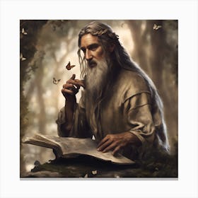 A wise man is reading a book in a mythical world Canvas Print