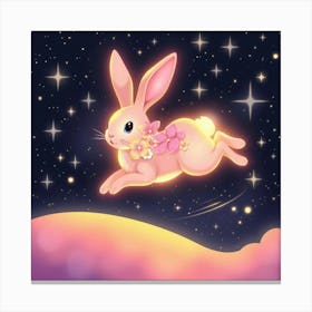 A Glowing Rabbit With Flower Patterned Fur Leaping Across A Sparkling, Star Filled Midnight Sky 1 Canvas Print