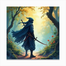 Ninja Fighter In A Watercolor Jungle With A Colorful Haze 1 Canvas Print