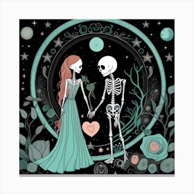 Skeleton Couple whimsical minimalistic line art Canvas Print