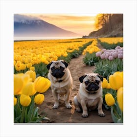 Two Pugs In Yellow Tulips 1 Canvas Print