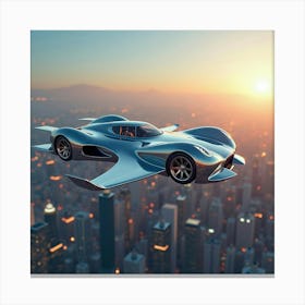 Advanced Flying Car With Sleek Chrome Finish, Soaring Through A Glowing Skyline 1 Canvas Print