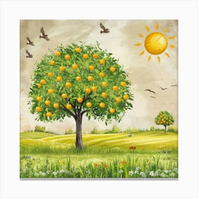 Orange Tree With Fruits In The Middle Of A Field Canvas Print