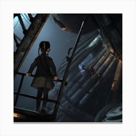 Girl Exploring the Dark, Cavernous Interior of a Huge Derelict Spacecraft Digital Art Canvas Print