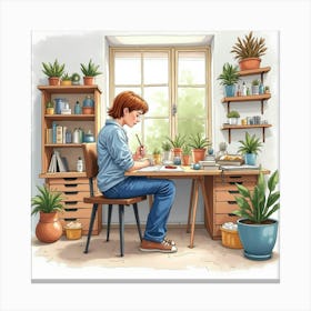 Watercolor Illustration Of A French Artist In Their Studio, Creative And Vibrant 1 Canvas Print