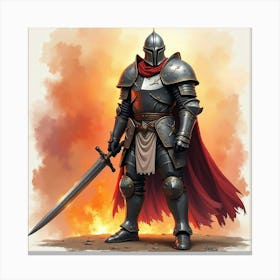 Ares In Battle Armor, Watercolor With Fiery Background 1 Canvas Print