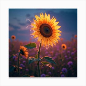 A Dreamy Sunflower With Petals Of Cascading, Neon Light Blooming In A Surreal Meadow Canvas Print