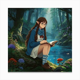 Studio Ghibli ~ Hayao Miyazaki ~ Beautiful elf woman with braided long brown hair, brown eyes, and freckles. wearing a blue scarf, glasses, comfy looking outfit, skirt and thigh highs. sitting and reading a book in a whimsical magical forest with water nearby. whimsical, tetradic colors, The style is highly detailed and vivid, with a blend of realism and fantasy art elements, emphasizing a moody and ethereal ambiance. epic masterpiece, cinematic experience, 8k, fantasy digital art, HDR, UHD. This contrast between the fantastical character and the more traditional fantasy color scheme and elements gives the piece an intriguing narrative quality. 3 Canvas Print