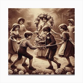 Victorian Children At Play - in sepia 1/4 Canvas Print