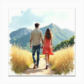 Fashionable Couple In Watercolor Fashion, Picturesque Mountain Range 1 Canvas Print