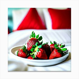 Strawberries on bed with red pillows  Canvas Print