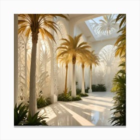 A Bright, White Interior With Ornate Archways, Palm Trees, And Sunlight Streaming Through Patterned Walls, Creating A Serene And Elegant Atmosphere Canvas Print