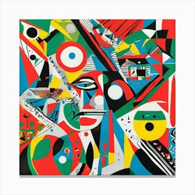 A colorful poster with various shapes and patterns, including eyes, musical notes, arrows, squares, circles, stars, lines, and abstract figures Canvas Print