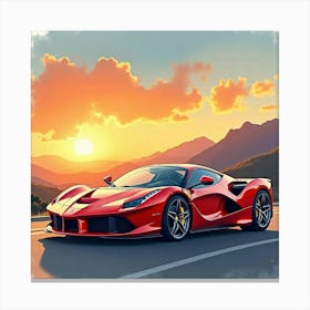 A Sleek Ferrari Under A Sunset Sky In Watercolor With A Mountain Backdrop 1 Canvas Print