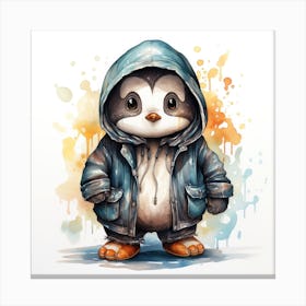 Watercolour Cartoon Penguin In A Hoodie 1 Canvas Print