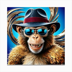 A Dazzling, High Contrast Illustration Of A Monkey Donning A Vintage Inspired, Curved Brim Fedora Hat With A Crimson Band And A Pair Of Sleek, Silver Rimmed, Oversized Sunglasses (4) Canvas Print