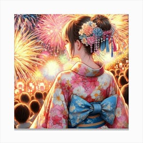 Japanese girl and fireworks 3 Canvas Print