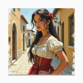 Spanish Woman In A Historical Setting, Watercolor With Classic Details 1 Canvas Print