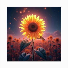 A Radiant Sunflower With Petals Like Flowing, Neon Light In A Surreal, Cosmic Field Canvas Print