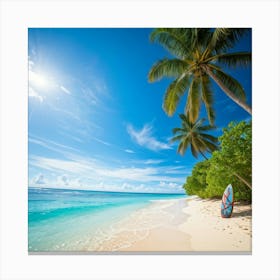 A Sunny Beach In A Tropical Paradise Palm Trees Bending Slightly Above The Turquoise Waters Edge 2 1 Canvas Print