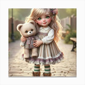 Little Girl With Teddy Bear 13 Canvas Print