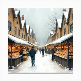 Watercolor Scene Of An English Winter Market With Warm Drinks And Festive Goods 1 Canvas Print