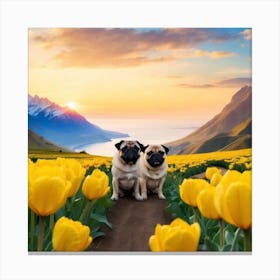 Two Pugs In Yellow Tulips Canvas Print