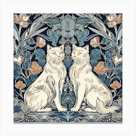 William Morris  Inspired  Classic Cats White Cats Teal Blue Square Canvas Print