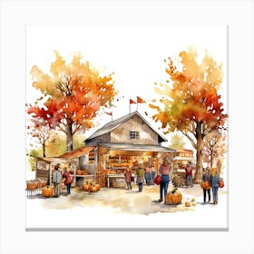 Farmers Market In Autumn Fall With Pumpkins Watercolour Canvas Print
