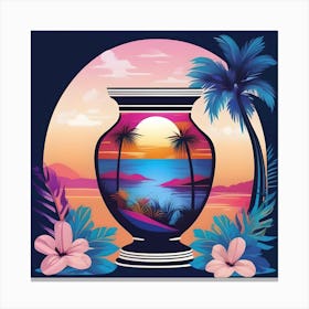 Flower Vase Decorated with Tropical Landscape and Palm Trees, Blue and Fuchsia Canvas Print