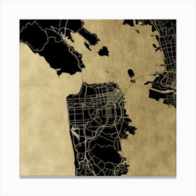 San Francisco Gold Map on Black Canvas Print