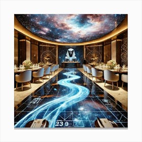 A Futuristic Dining Space With A Holographic Nile Canvas Print