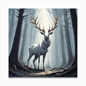 A White Stag In A Fog Forest In Minimalist Style Square Composition 57 Canvas Print