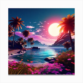 Tropical Landscape With Palm Trees, blue sky, wall art, trees, flowers, and sun. good look, 1 Canvas Print