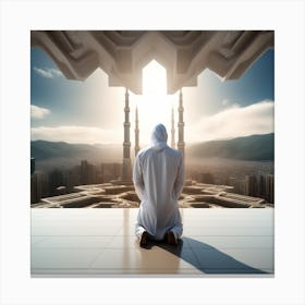 A 3d Dslr Photography Muslim Wearing Futuristic Digital Suit , Praying Towards Makkah Standing Tall Award Winning Photography From The Year 8045(3) Canvas Print