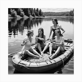 Eating Pasta on a Lake, Three Women On Raft, Funny Black and White Vintage Photo Art Print 3 Canvas Print